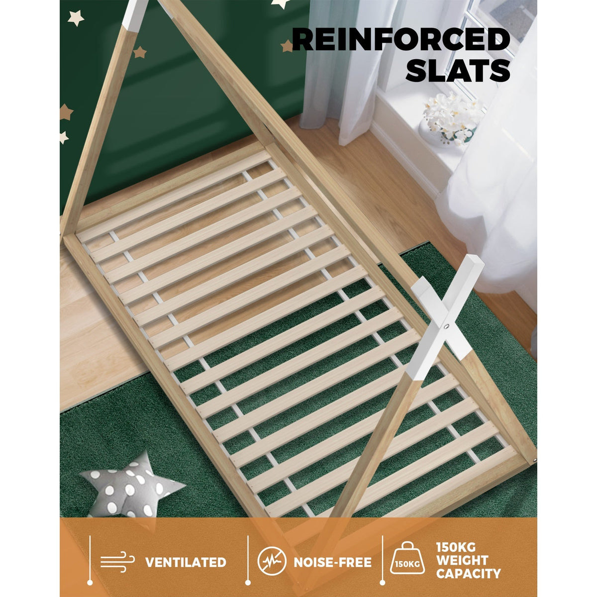 Oikiture Wooden Bed Frame Single Timber Teepee Bedframe Mattress Base Platform