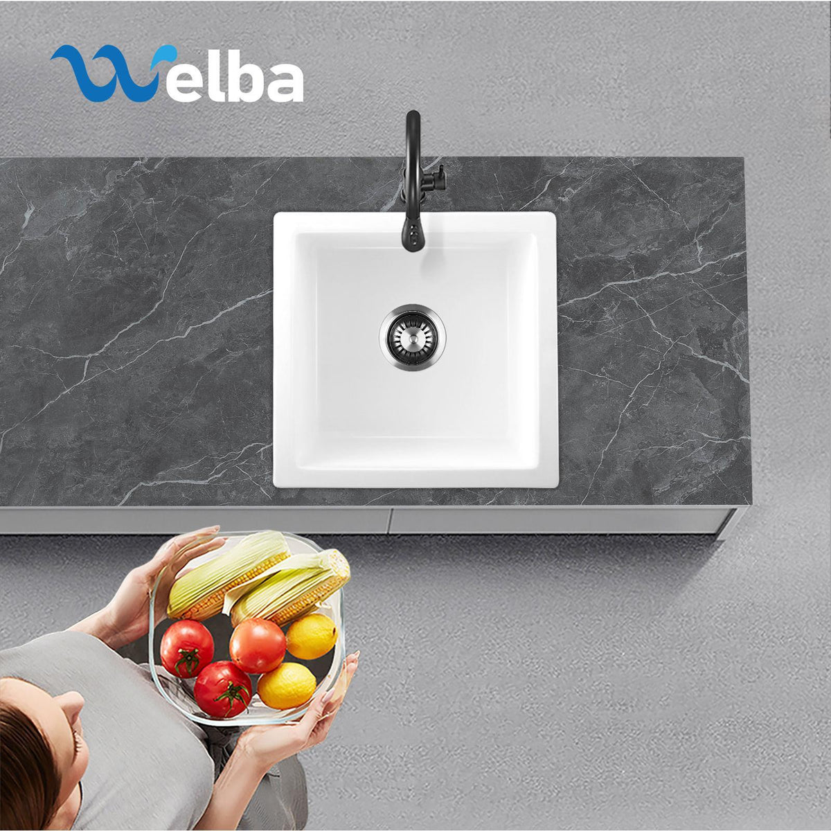 Welba Kitchen Sink 38x38cm Granite Stone Sink Basin Single Bowl White