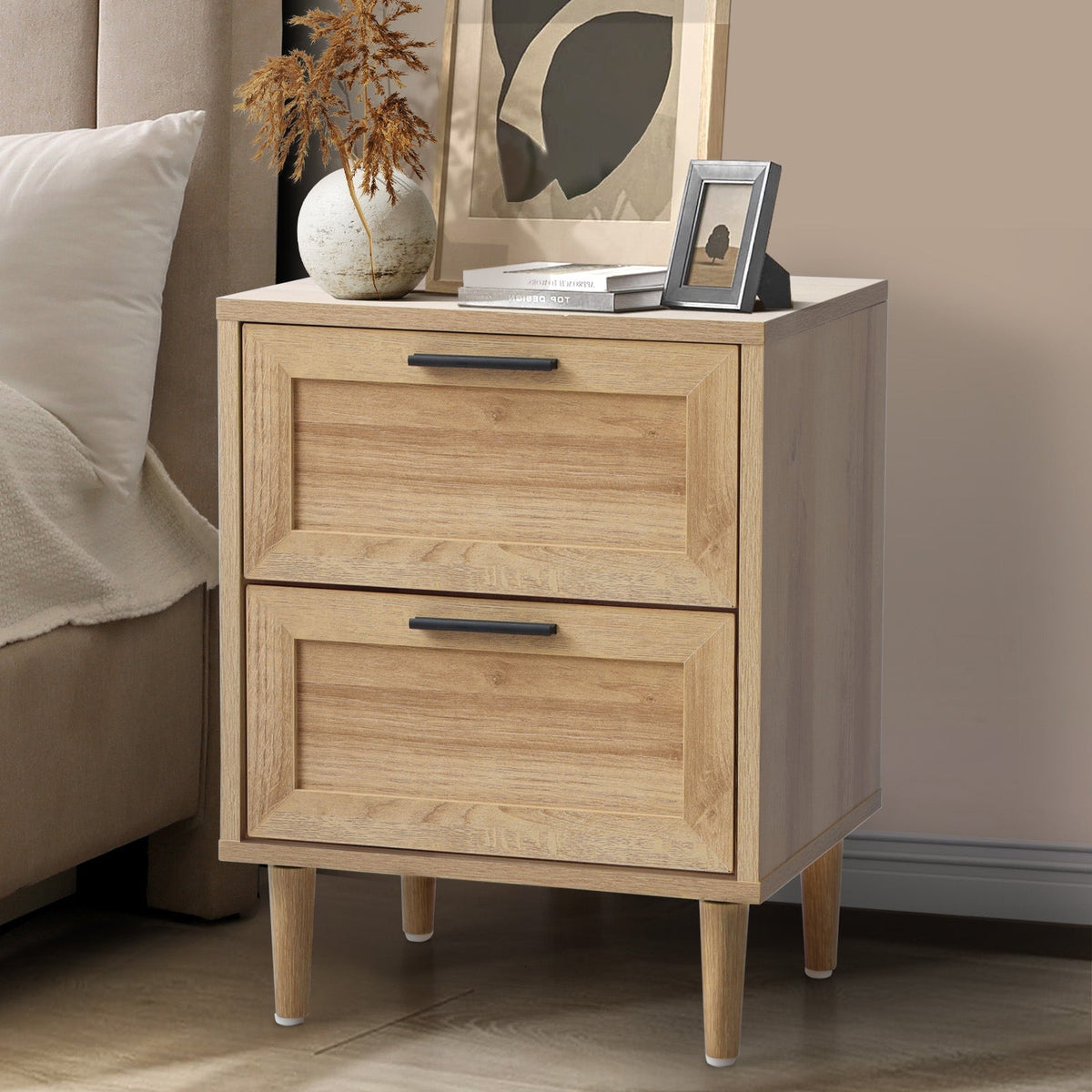Oikiture Bedside Table Nightstand 2 Drwers Side End Table Storage Natural