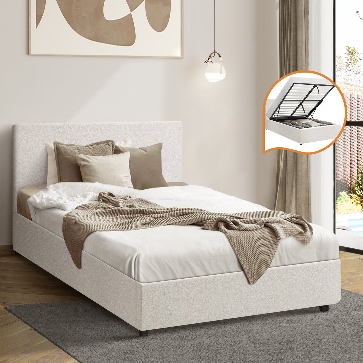 Oikiture Bed Frame Single Size Gas Lift Base With Storage White Boucle