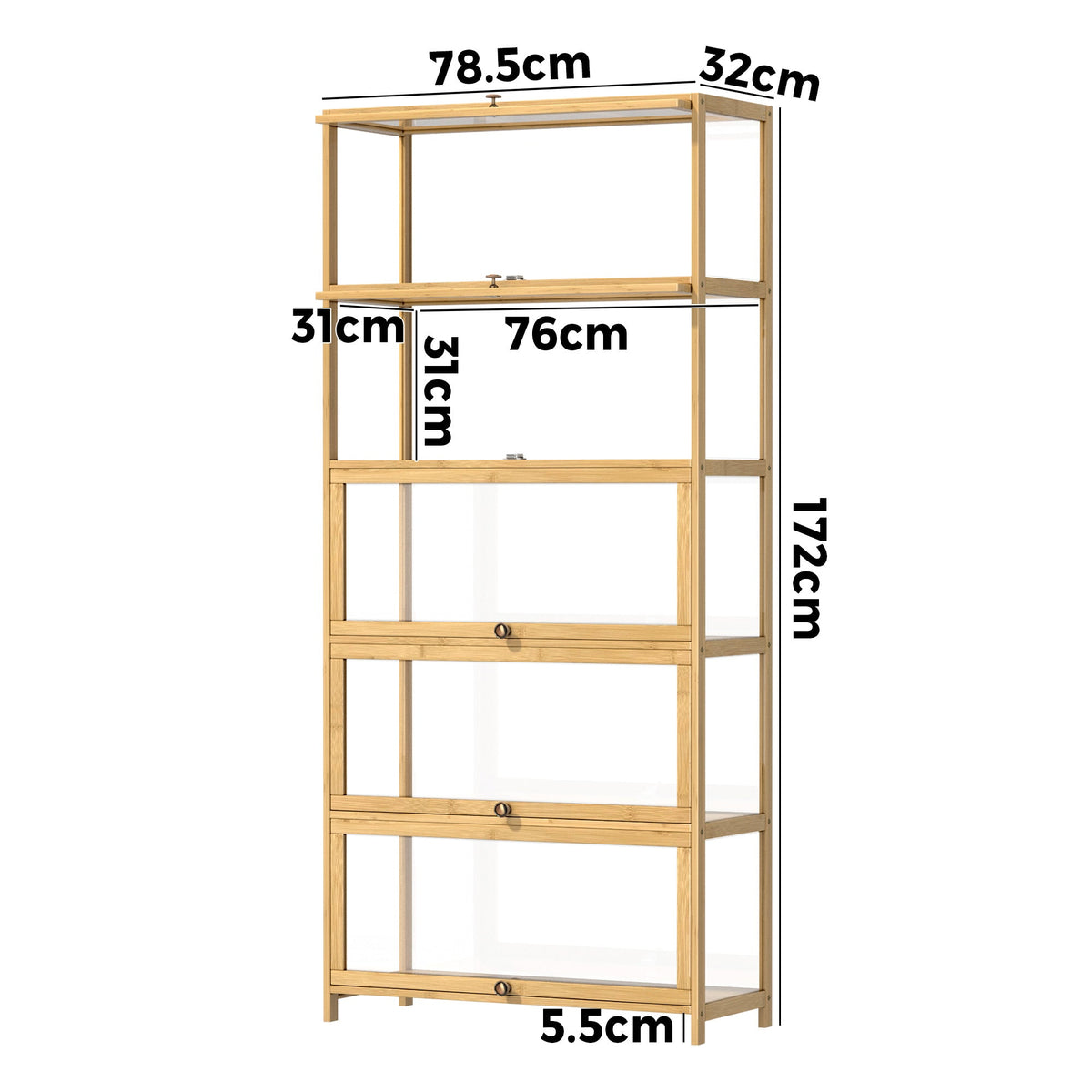 Oikiture Display Cabinet Storage 5-Tier Shelves Clear Bookcase Stand Rack Oak