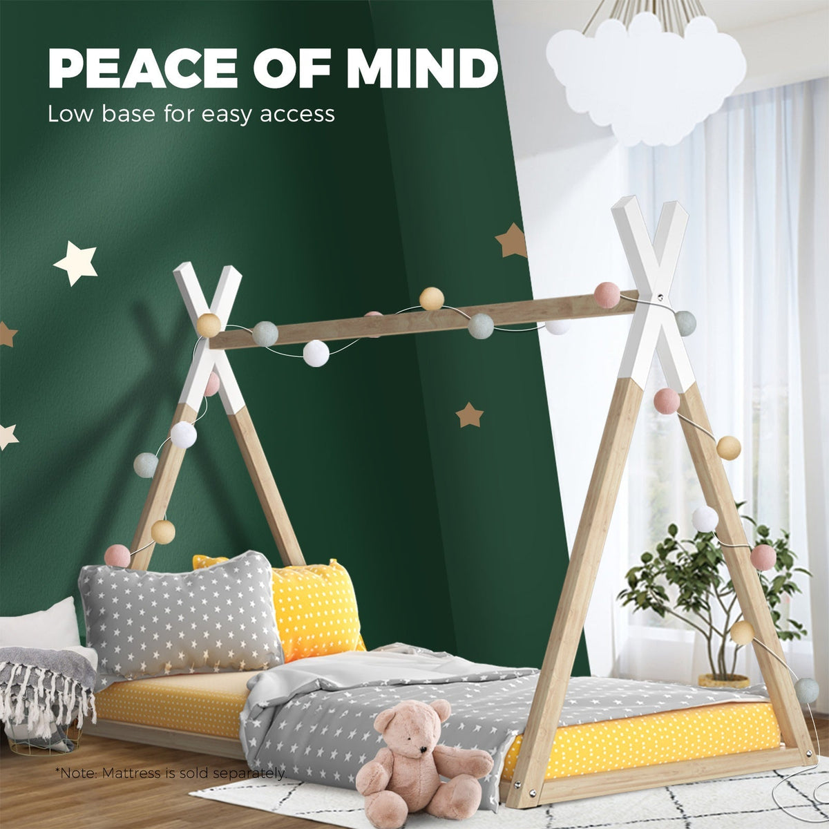 Oikiture Wooden Bed Frame Single Timber Teepee Bedframe Mattress Base Platform