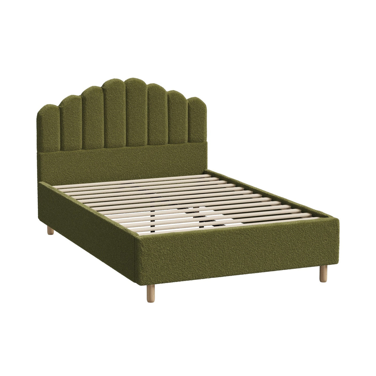 Oikiture Bed Frame Queen Size Stripe Headboard Wooden Slats Base Boucle Green