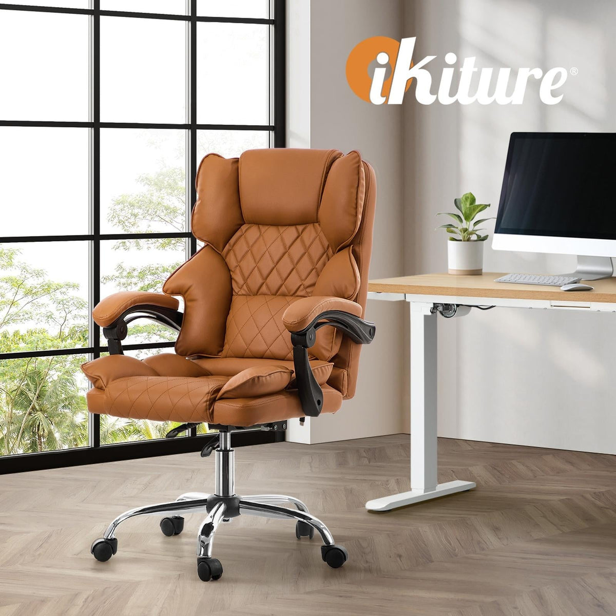 Oikiture Massage Office Chair Premium PU Leather Computer Gaming Seat Brown