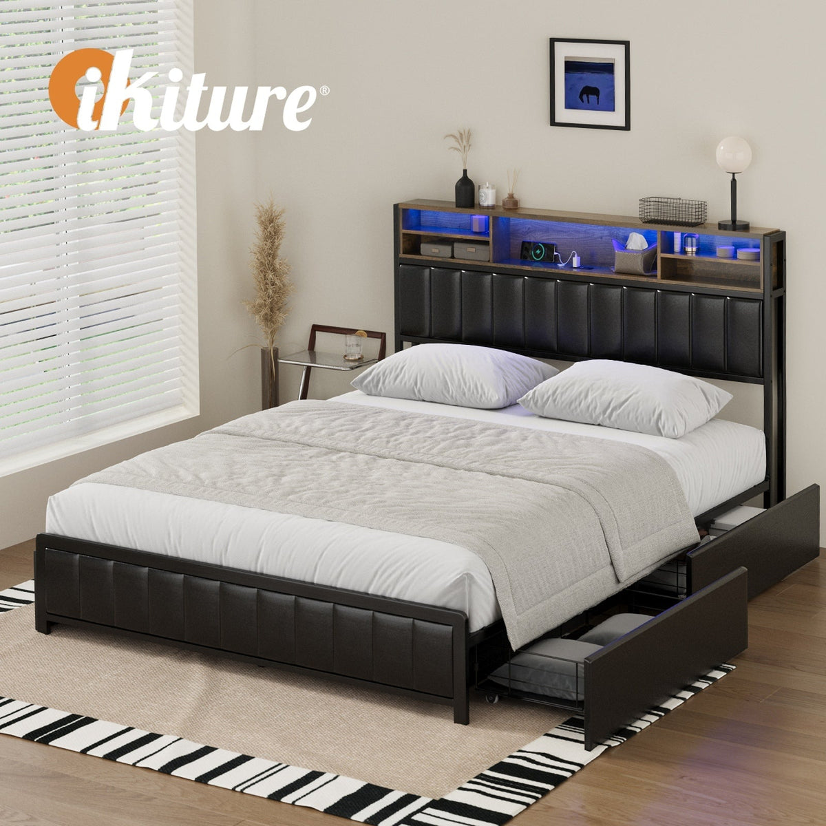 Oikiture Queen Double King Single Bed Frame with LED Headboard 2 Drawers USB