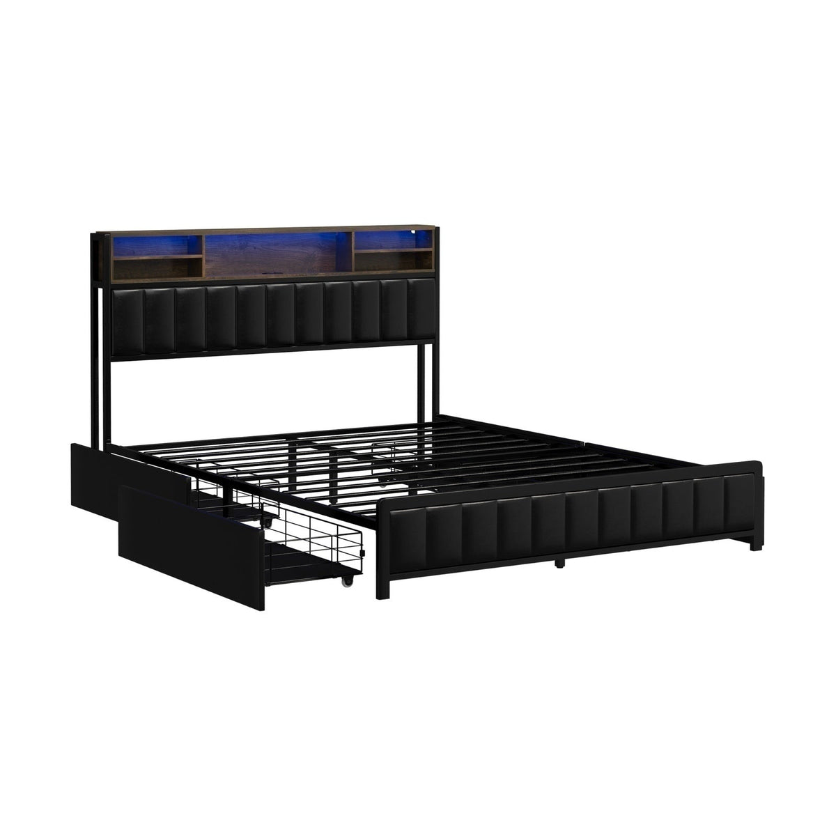 Oikiture Queen Double King Single Bed Frame with LED Headboard 2 Drawers USB