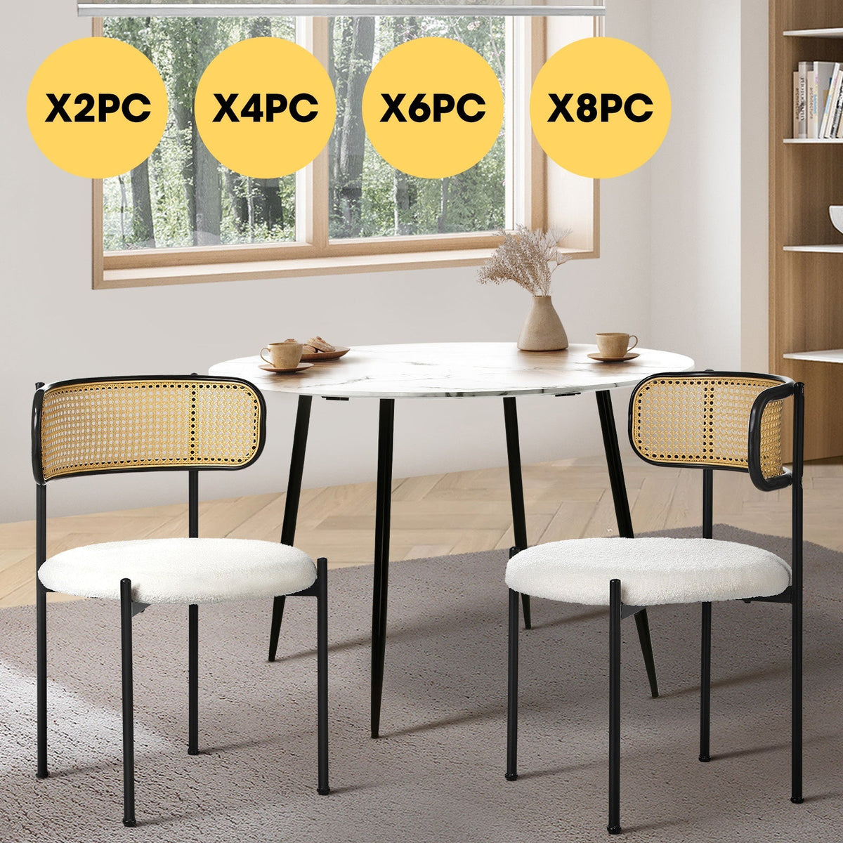 Oikiture Dining Chair Round Boucle Kitchen Lounge Backrest Black and White