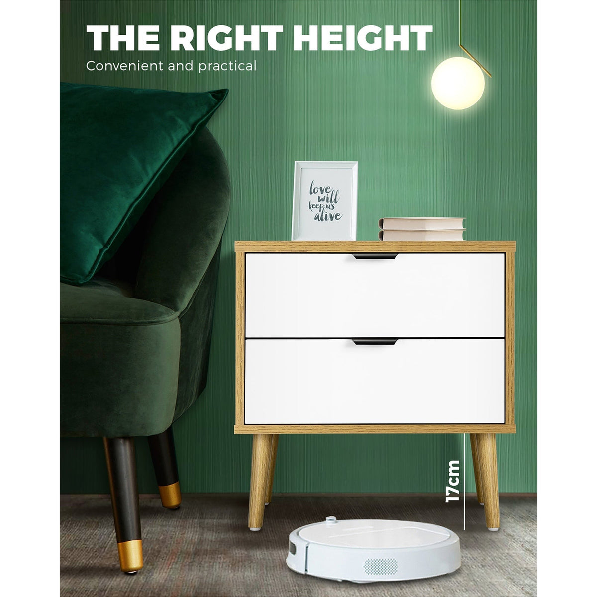Oikiture Bedside Tables 2 Drawers Side Table Nightstand Storage Cabinet Wood