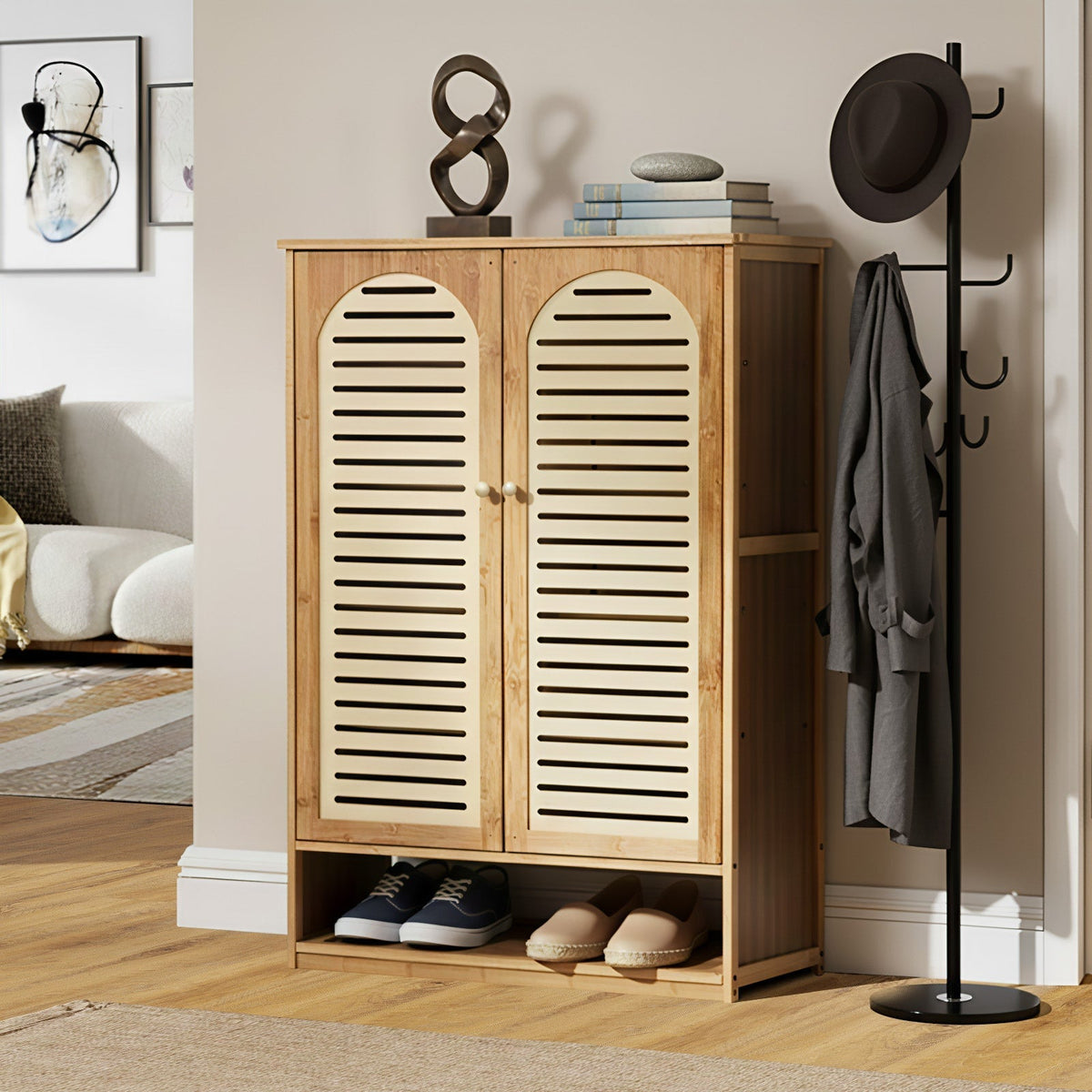 Oikiture Shoe Storage Cabinet 2 Doors Bamboo Shoe Organiser Shelf Beige