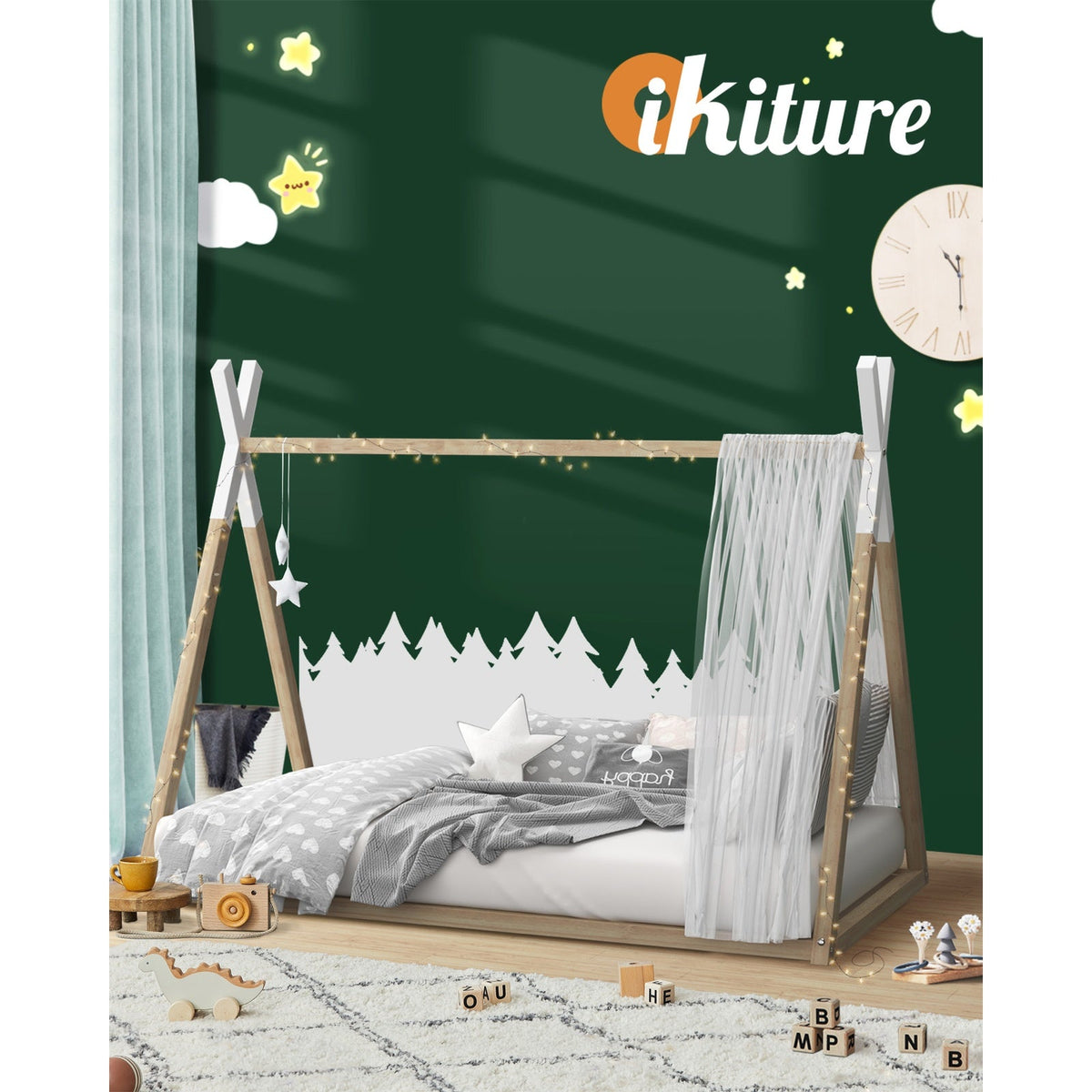 Oikiture Wooden Bed Frame Single Timber Teepee Bedframe Mattress Base Platform