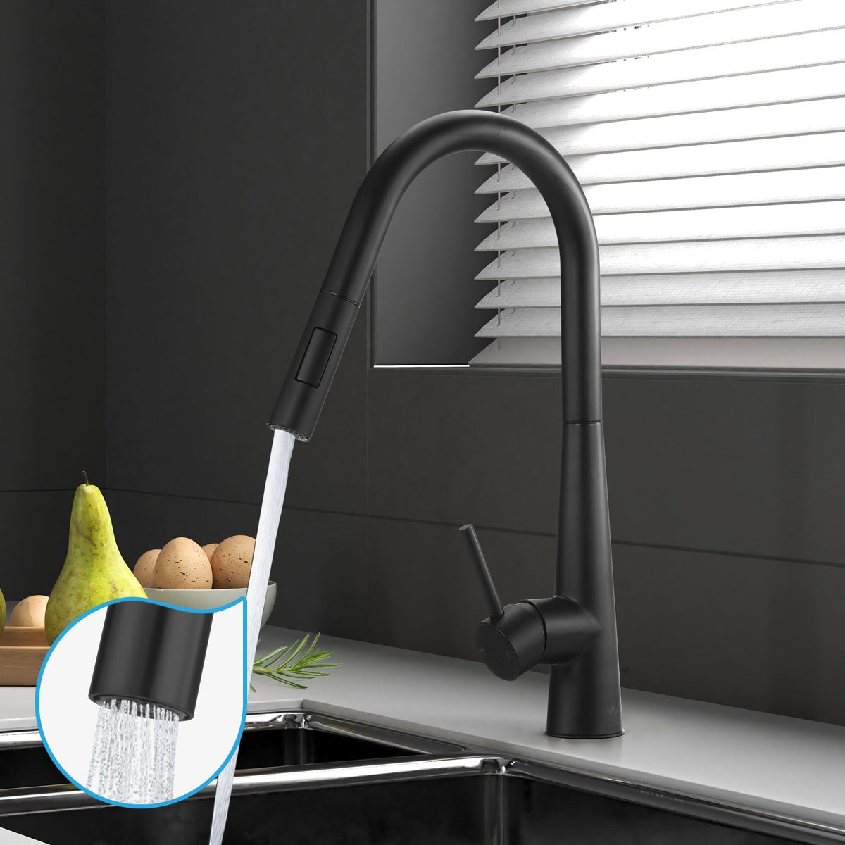 Welba Kitchen Mixer Tap Pull Out Faucet 2-Mode Sink Basin Swivel Black