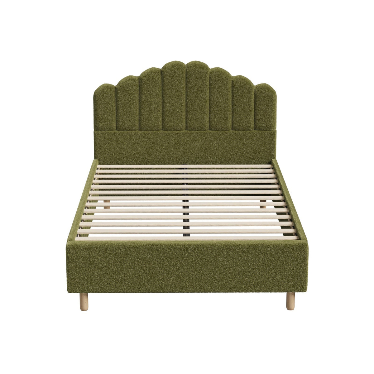 Oikiture Bed Frame Queen Size Stripe Headboard Wooden Slats Base Boucle Green