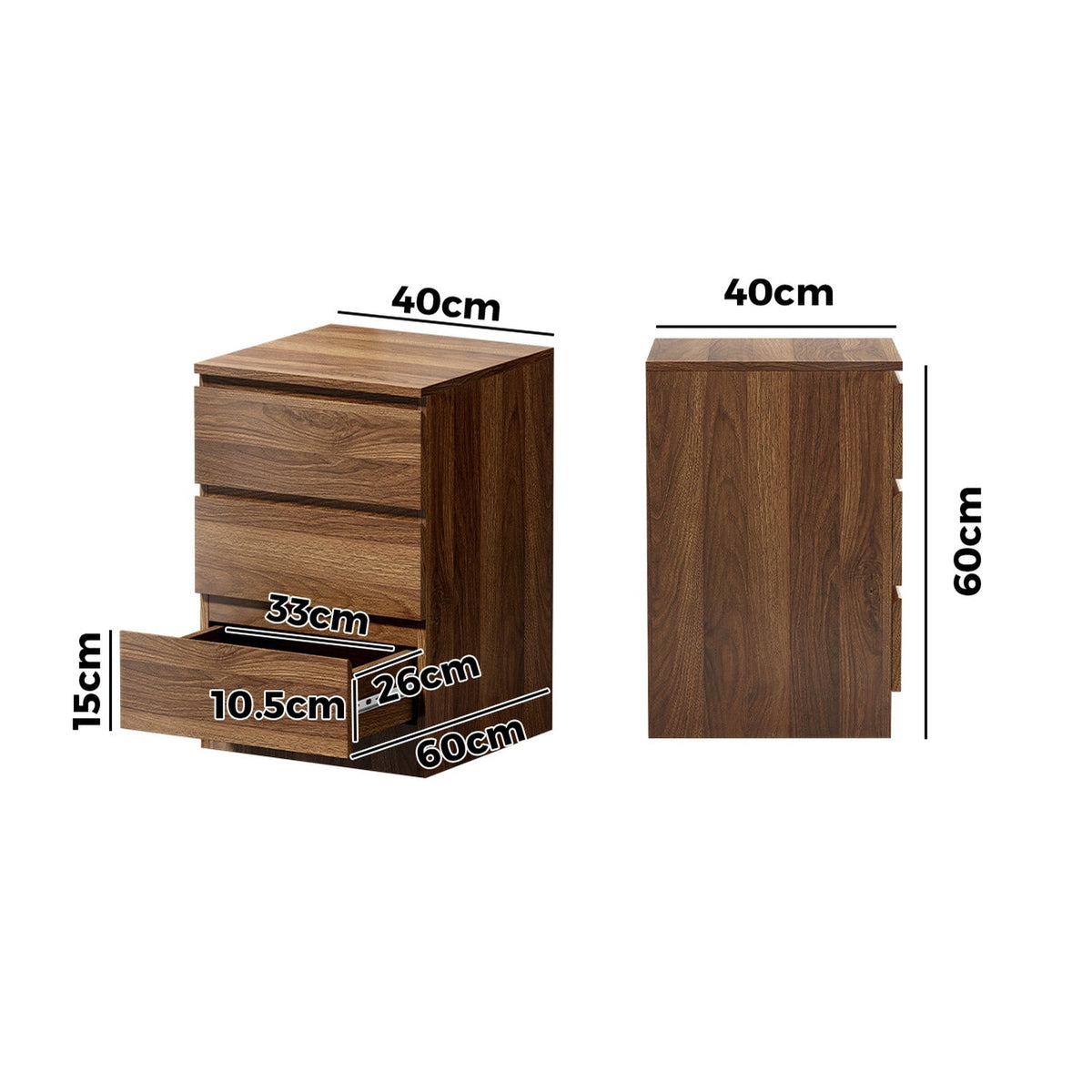 Oikiture Bedside Table 3 Drawers Side Tables Storage Cabinet Nightstand Walnut