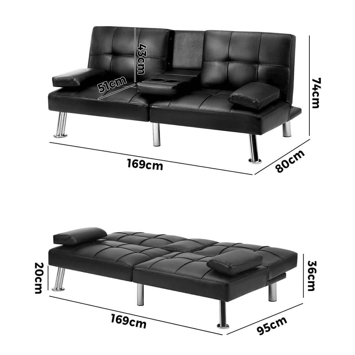 Oikiture Sofa Bed Lounge 3 Seater Futon Couch Recliner Cup Holder Sofabed Seat