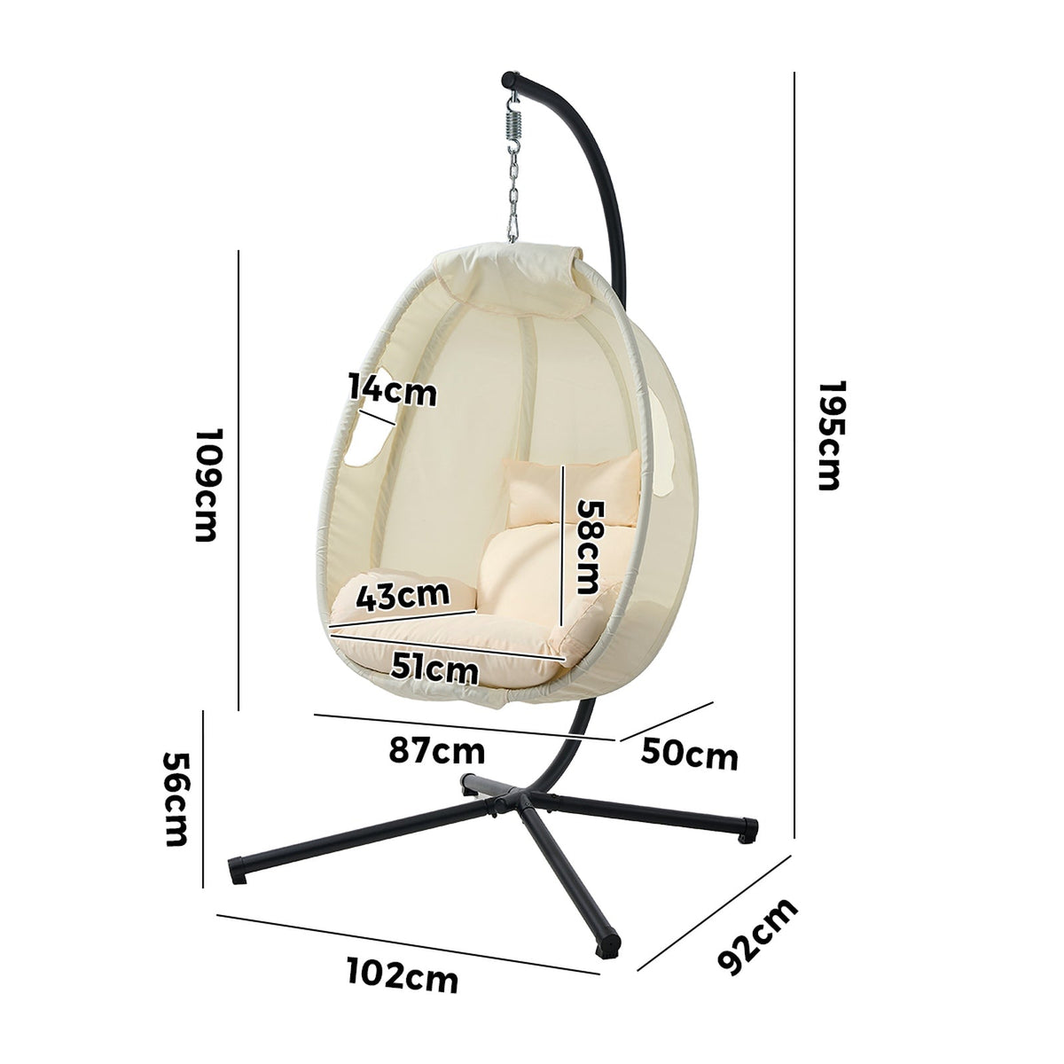 Livsip Outdoor Egg Hanging Chair Swing Seat Furniture with Stand Cushions Beige