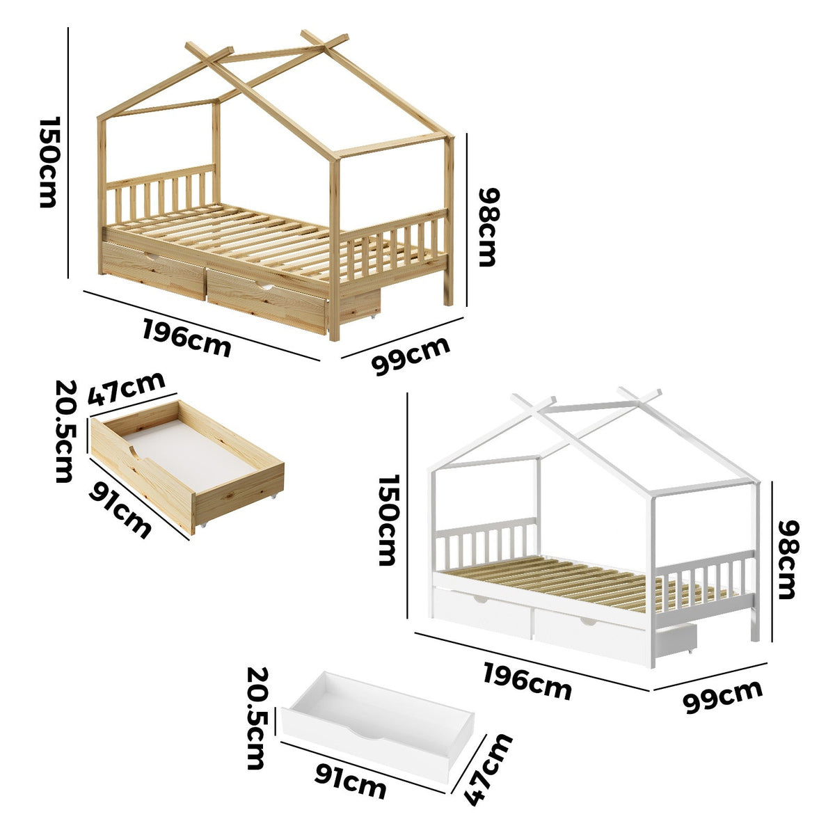 Oikiture Bed Frame Wooden Single Timber House Base Beds Pine Storage Drawers