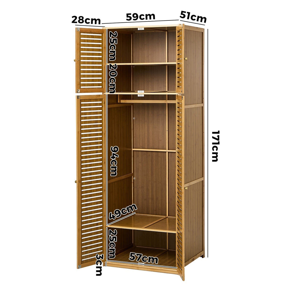 Oikiture Bamboo Wardrobe 4 Doors Clothes Storage Cabinet Hanging Rod Natural