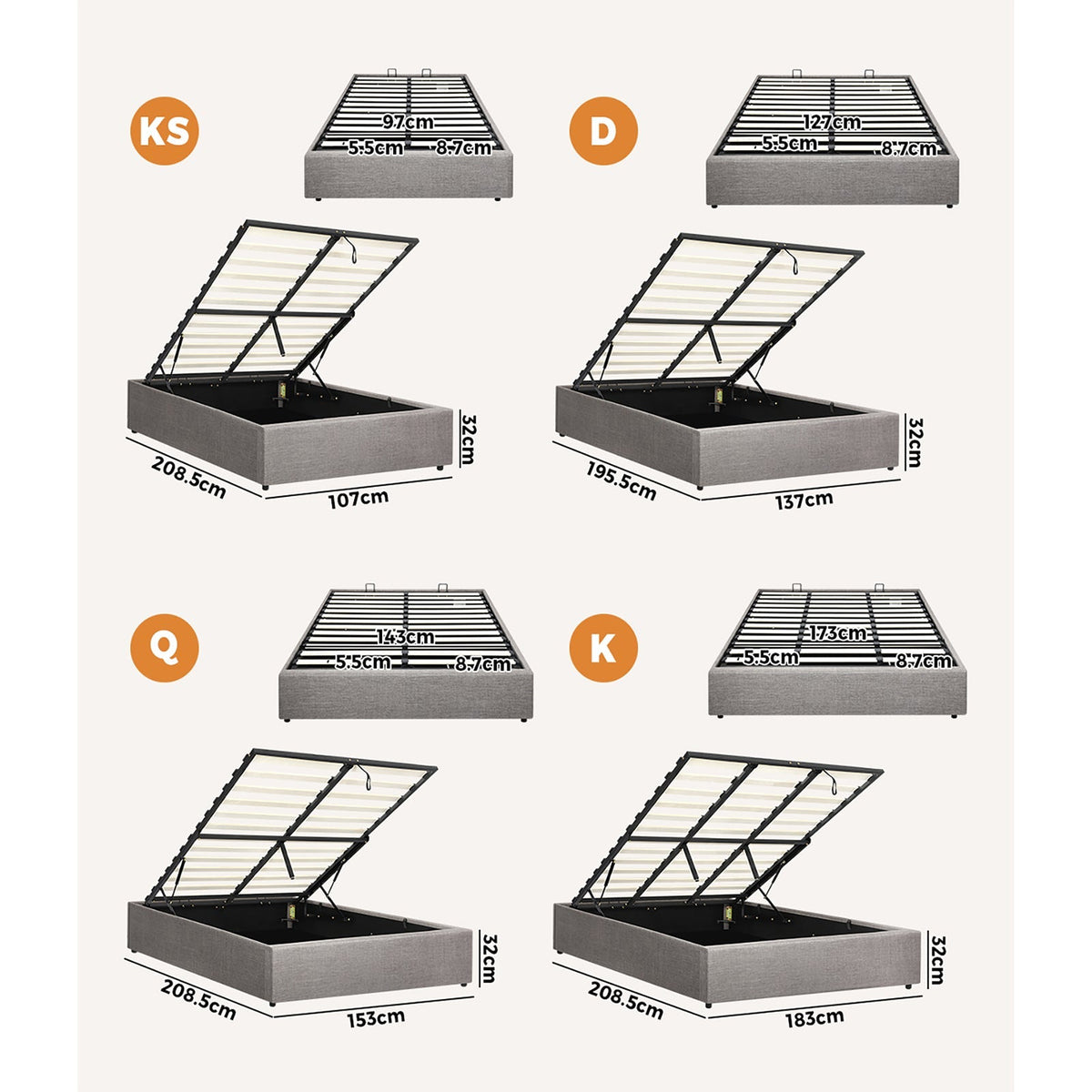 Oikiture Bed Frame Queen Double King Single Gas Lift Base With Storage Platform
