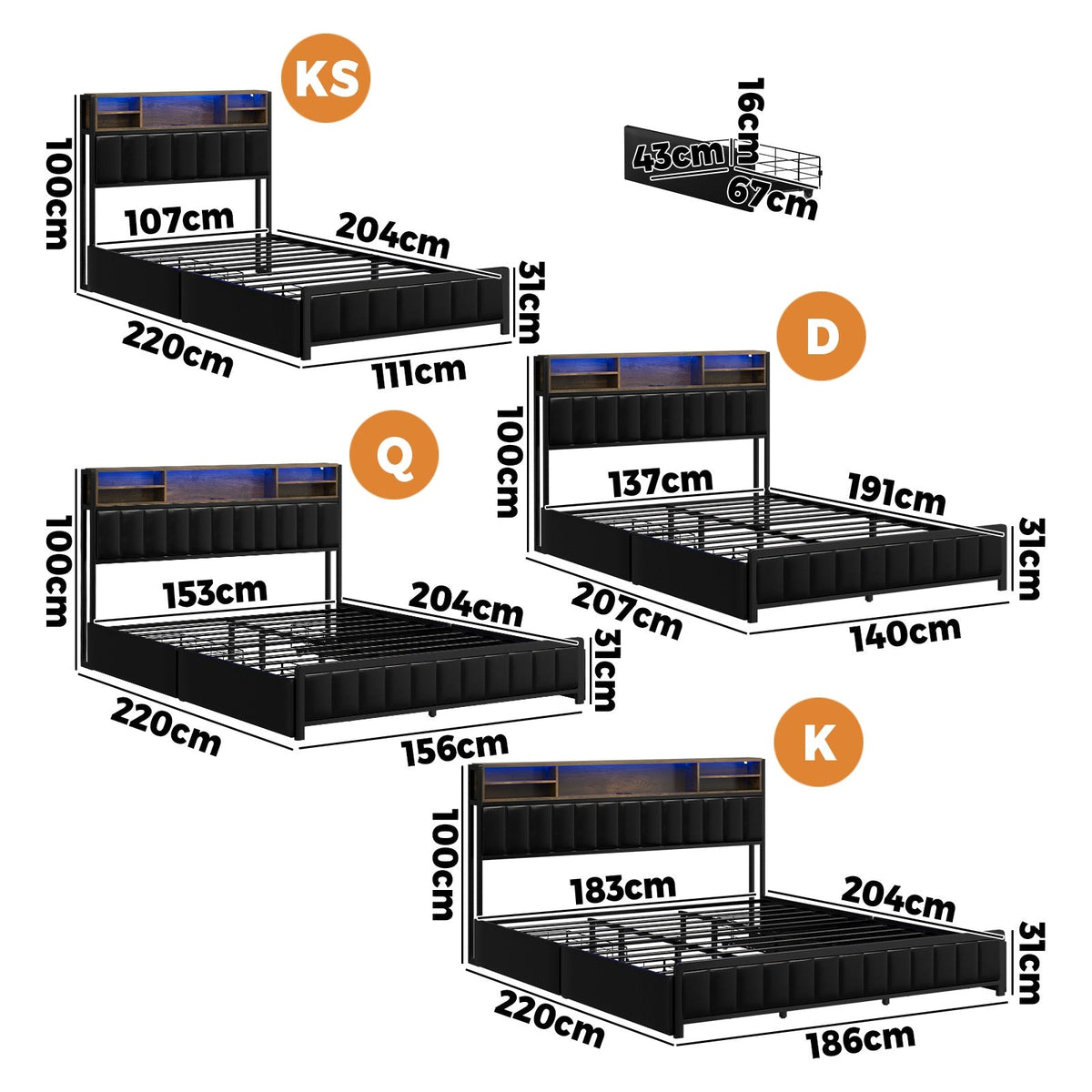 Oikiture Queen Double King Single Bed Frame with LED Headboard 2 Drawers USB