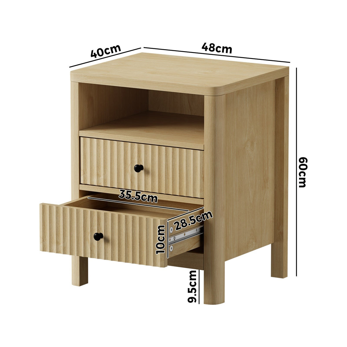Oikiture Bedside Table 2 Drawers Side End Tables Nightstand Open Shelf Natural