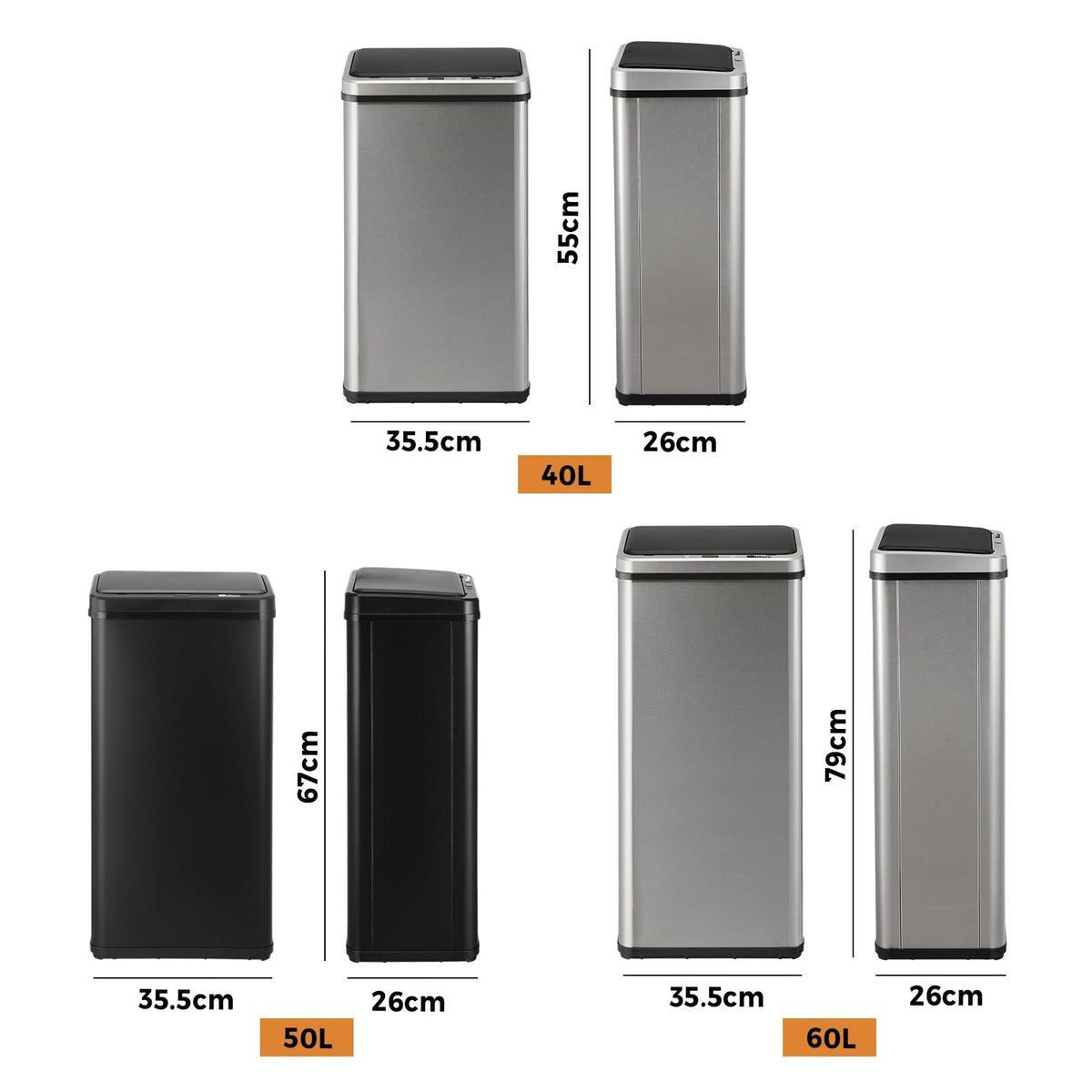 Oikiture Motion Sensor Bin Stainless Steel Automatic Kitchen Trash Can 40/50/60L