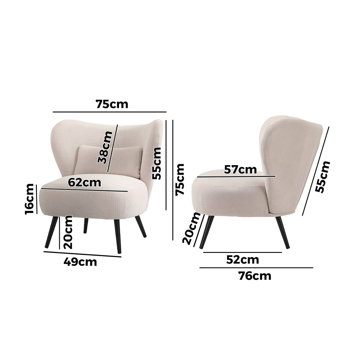 Oikiture Armchair Lounge Chair with Lumbar Pillow Wingback Velvet Beige