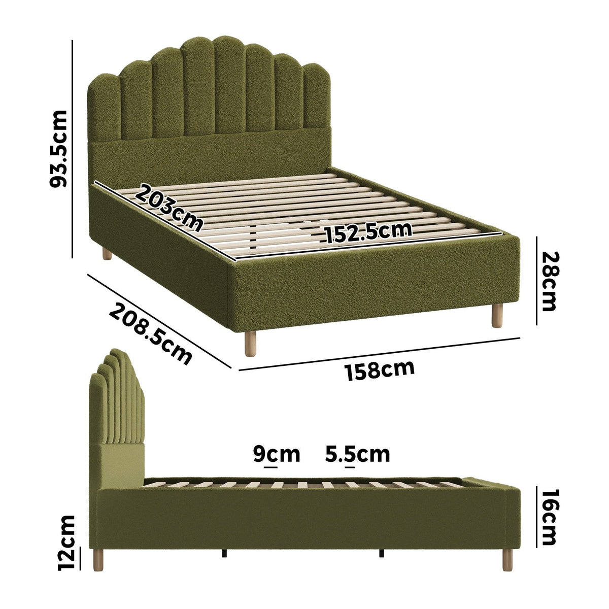 Oikiture Bed Frame Queen Size Stripe Headboard Wooden Slats Base Boucle Green