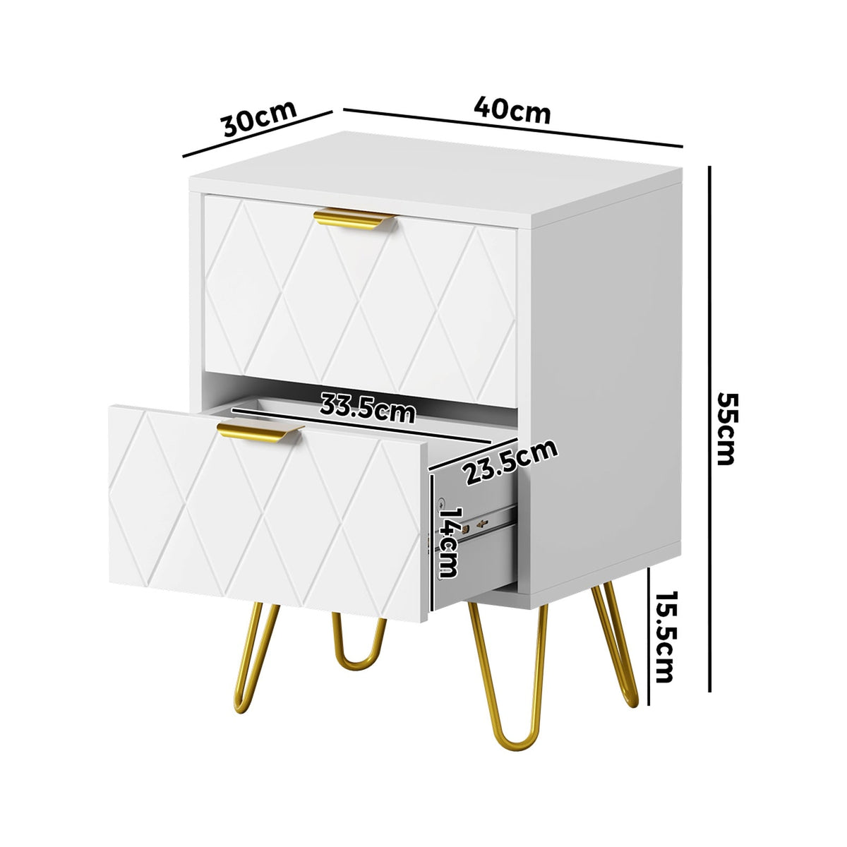 Oikiture Bedside Table 2 Drawers Gold Metal Nightstand Storage Cabinet White