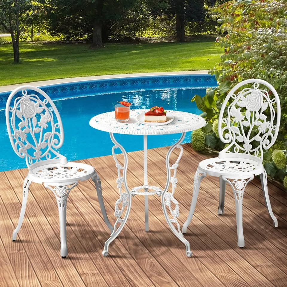 OPS-AL-ROSE-WH Livsip Outdoor Setting 3 Piece Bistro Chairs Table Set Cast Aluminum Patio Rose