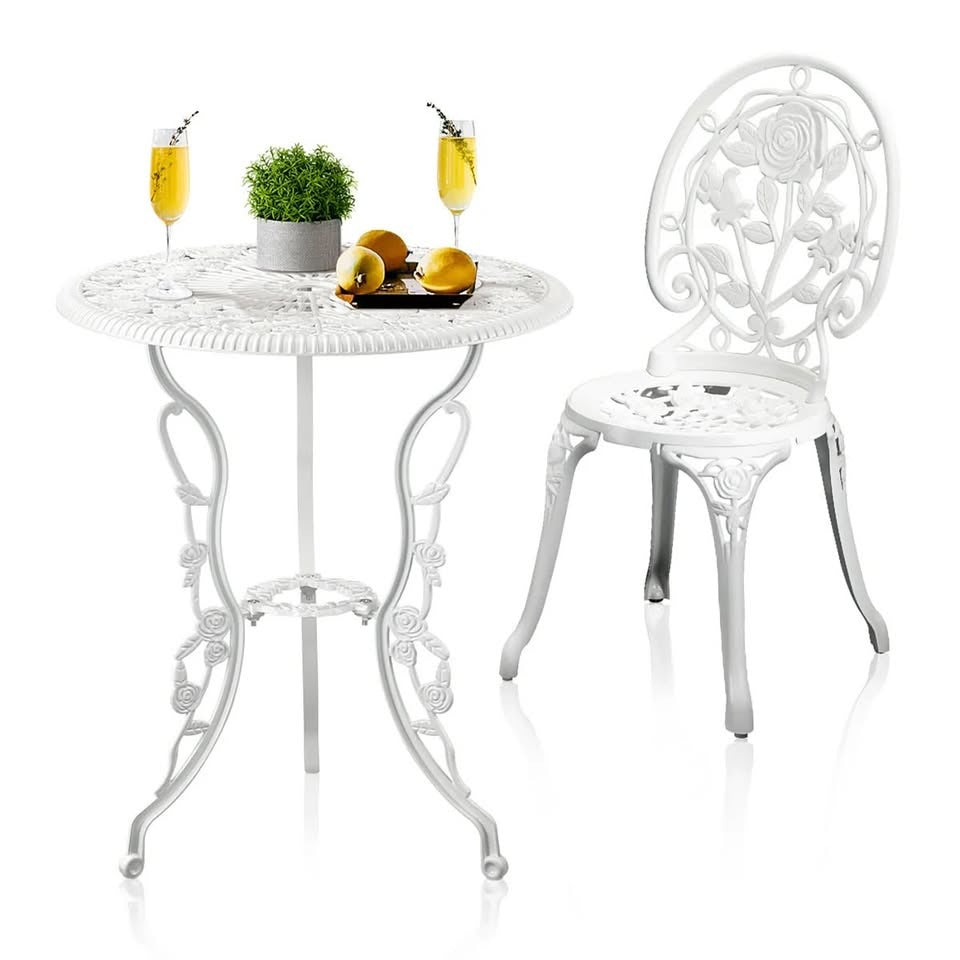 OPS-AL-ROSE-WH Livsip Outdoor Setting 3 Piece Bistro Chairs Table Set Cast Aluminum Patio Rose