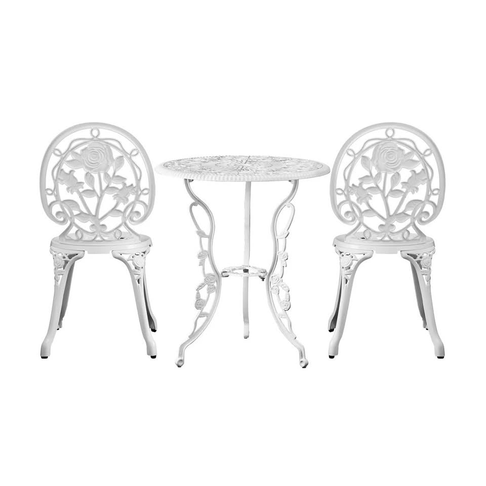 OPS-AL-ROSE-WH Livsip Outdoor Setting 3 Piece Bistro Chairs Table Set Cast Aluminum Patio Rose