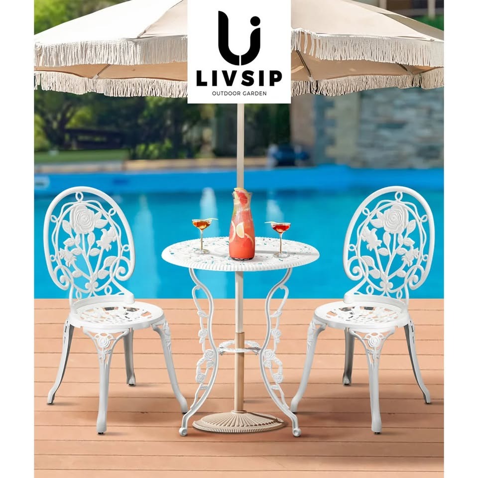 OPS-AL-ROSE-WH Livsip Outdoor Setting 3 Piece Bistro Chairs Table Set Cast Aluminum Patio Rose