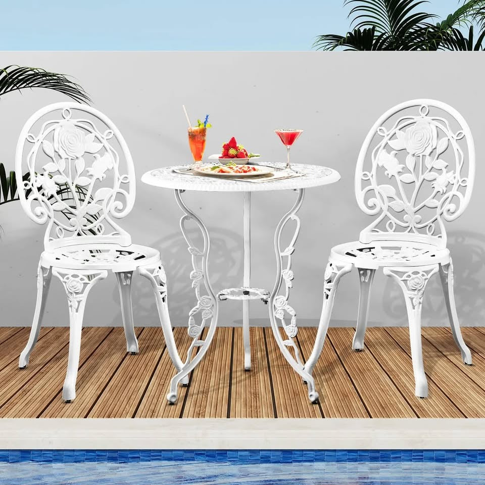 OPS-AL-ROSE-WH Livsip Outdoor Setting 3 Piece Bistro Chairs Table Set Cast Aluminum Patio Rose