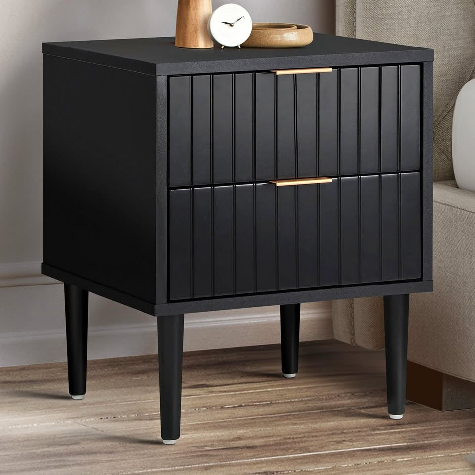 BT-PUTI-BK Ylona 2 Drawer Ribbed Bedside Table Black Color