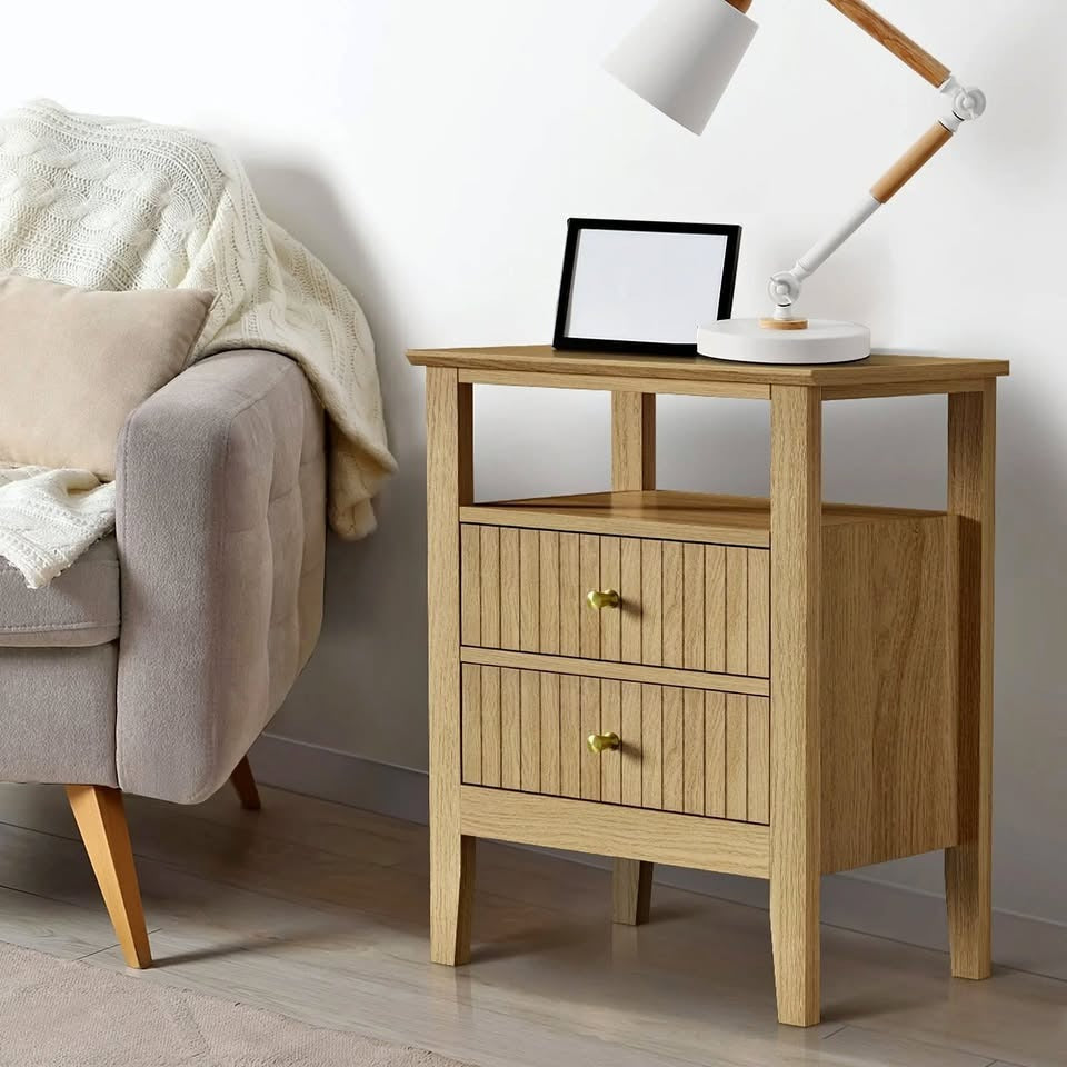 BT-PRIN-1S2D-WD Oikiture Bedside Table Two Drawers Side End Table Open Shelf Nightstand Natural