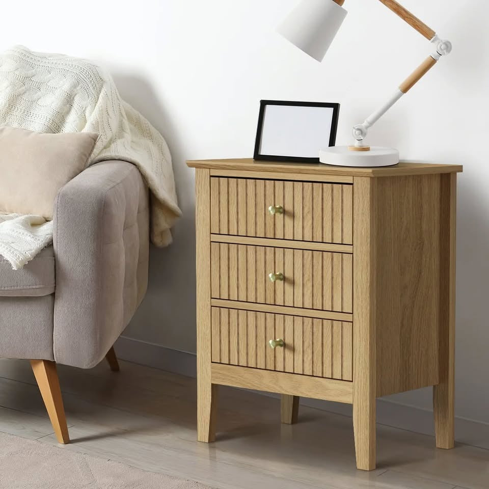BT-PRIN-3D-WD Oikiture Bedside Table 3 Drawers Side End Storage Furniture Nightstand Natural