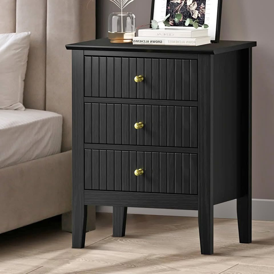 BT-PRIN-3D-BK Oikiture Bedside Table 3 Drawers Side End Storage Furniture Nightstand Black