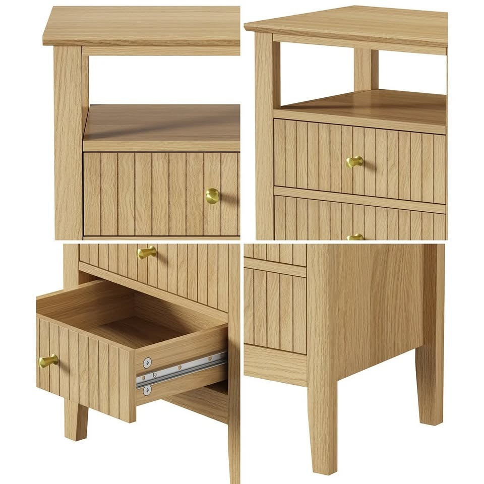 BT-PRIN-1S2D-WD Oikiture Bedside Table Two Drawers Side End Table Open Shelf Nightstand Natural