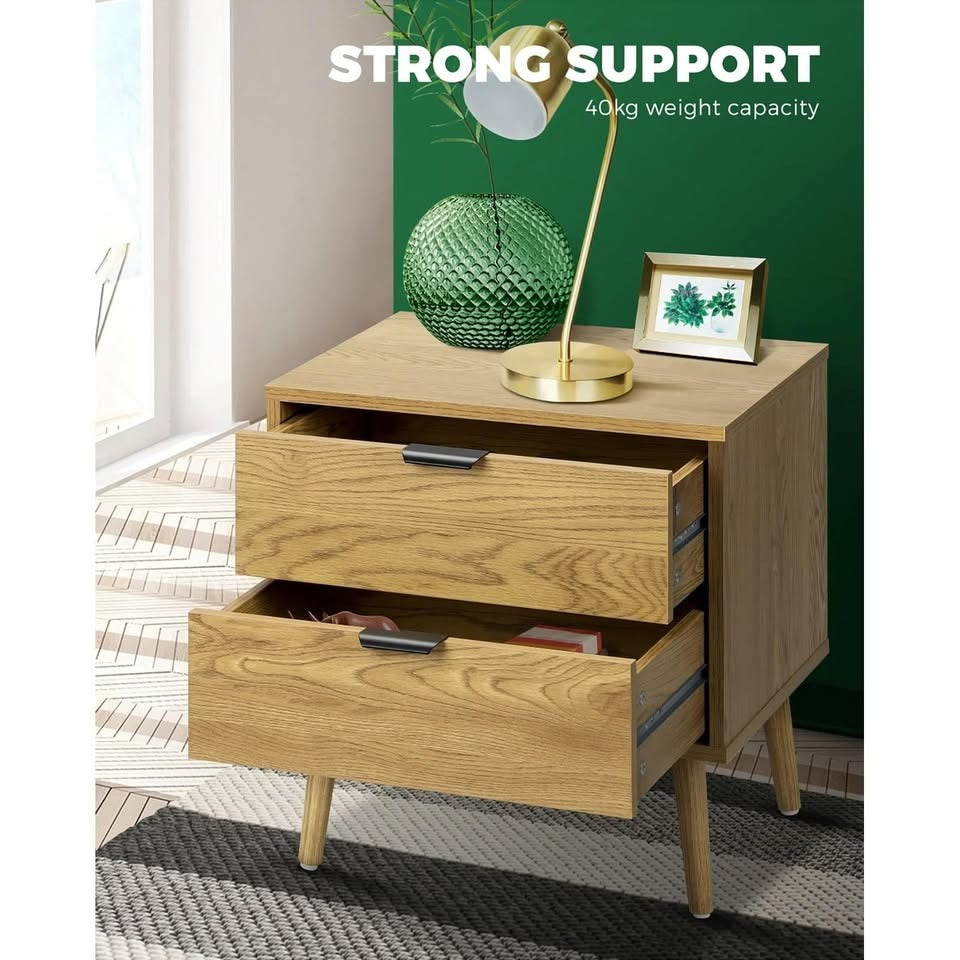 BT-A11-WD Oikiture Bedside Tables Side Table 2 Drawers Bedroom Furniture Storage Cabinet