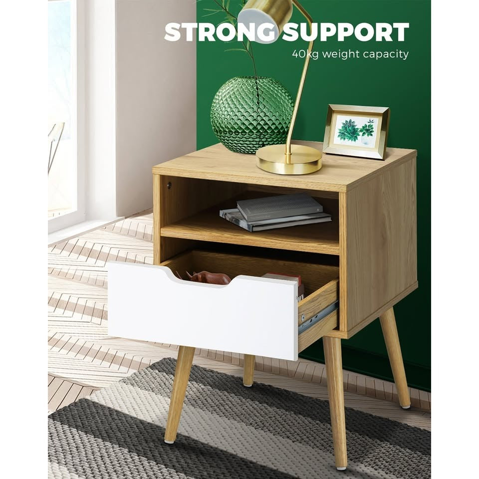 BT-A4-WHWD Oikiture Bedside Tables Drawers Side Table Nightstand Storage Cabinet Bedroom