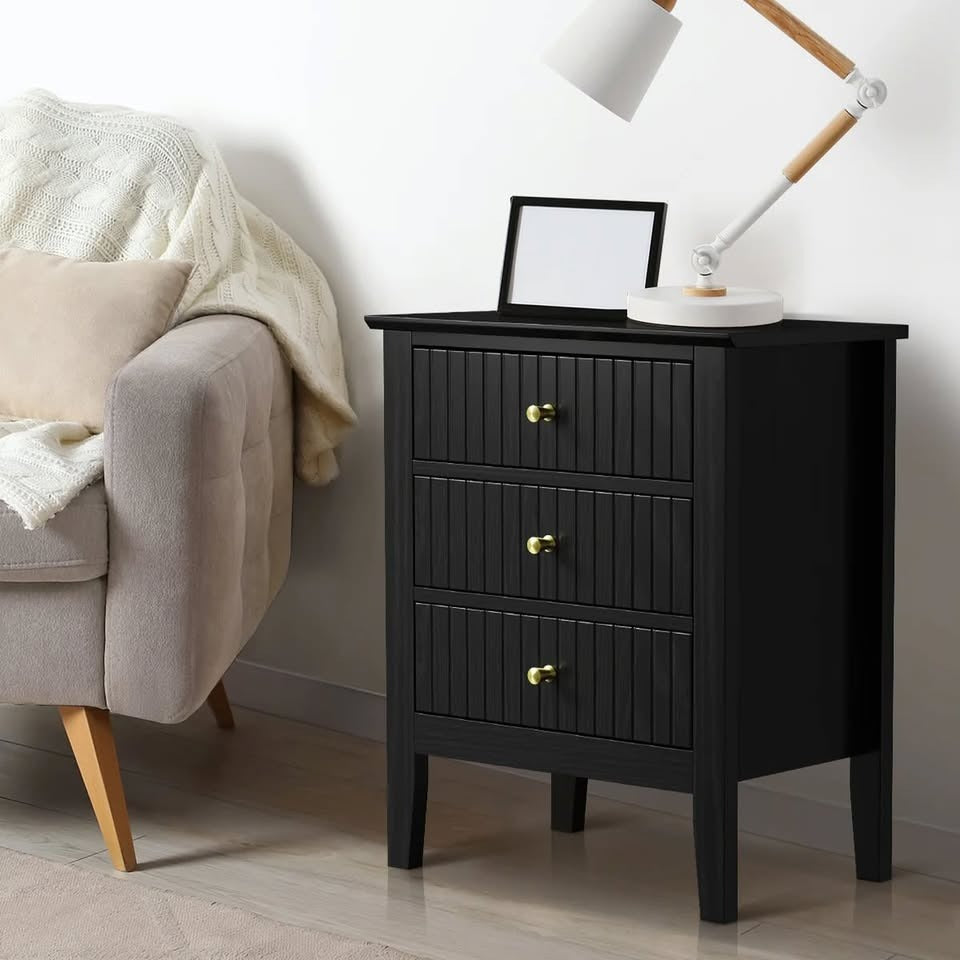 BT-PRIN-3D-BK Oikiture Bedside Table 3 Drawers Side End Storage Furniture Nightstand Black
