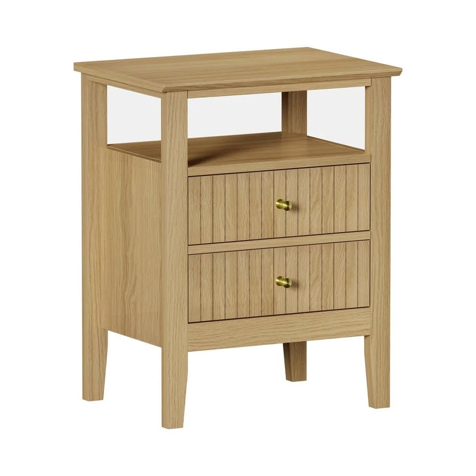 BT-PRIN-1S2D-WD Oikiture Bedside Table Two Drawers Side End Table Open Shelf Nightstand Natural