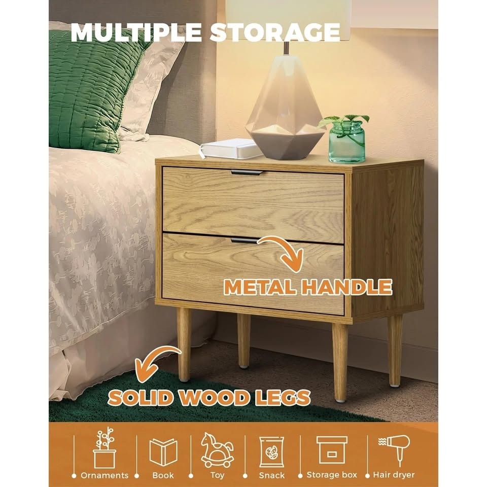 BT-A11-WD Oikiture Bedside Tables Side Table 2 Drawers Bedroom Furniture Storage Cabinet