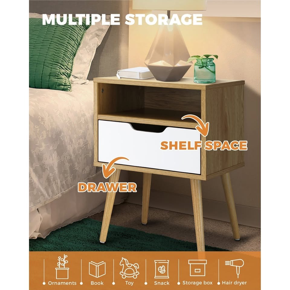 BT-A4-WHWD Oikiture Bedside Tables Drawers Side Table Nightstand Storage Cabinet Bedroom