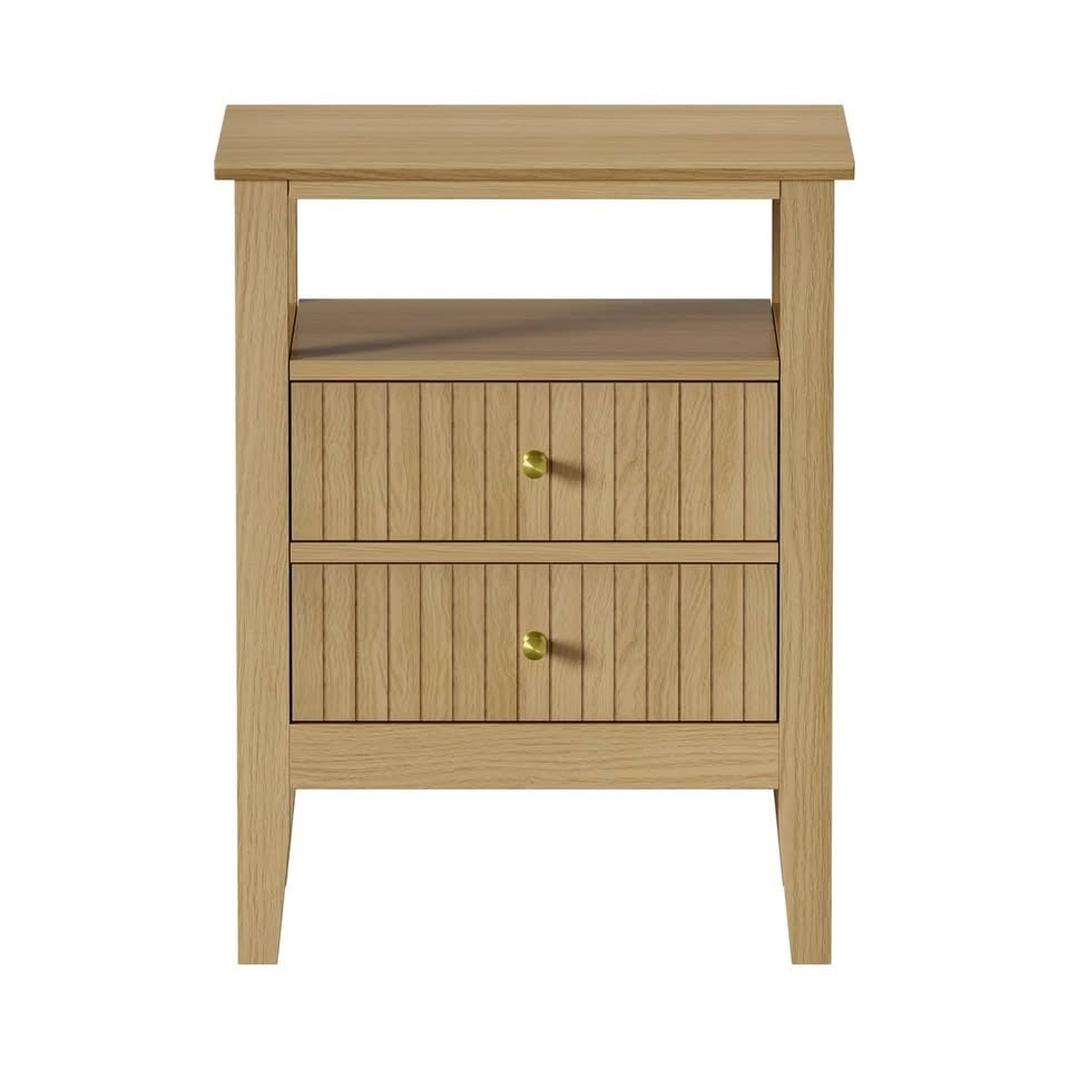 BT-PRIN-1S2D-WD Oikiture Bedside Table Two Drawers Side End Table Open Shelf Nightstand Natural