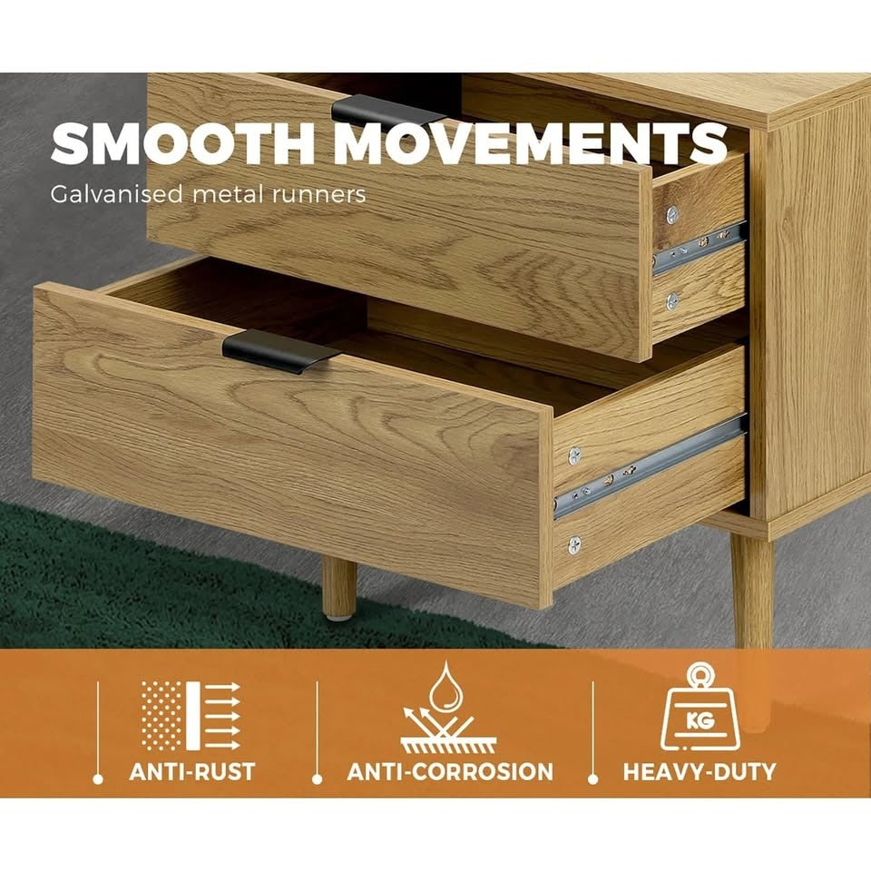 BT-A11-WD Oikiture Bedside Tables Side Table 2 Drawers Bedroom Furniture Storage Cabinet