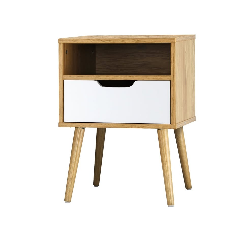 BT-A4-WHWD Oikiture Bedside Tables Drawers Side Table Nightstand Storage Cabinet Bedroom