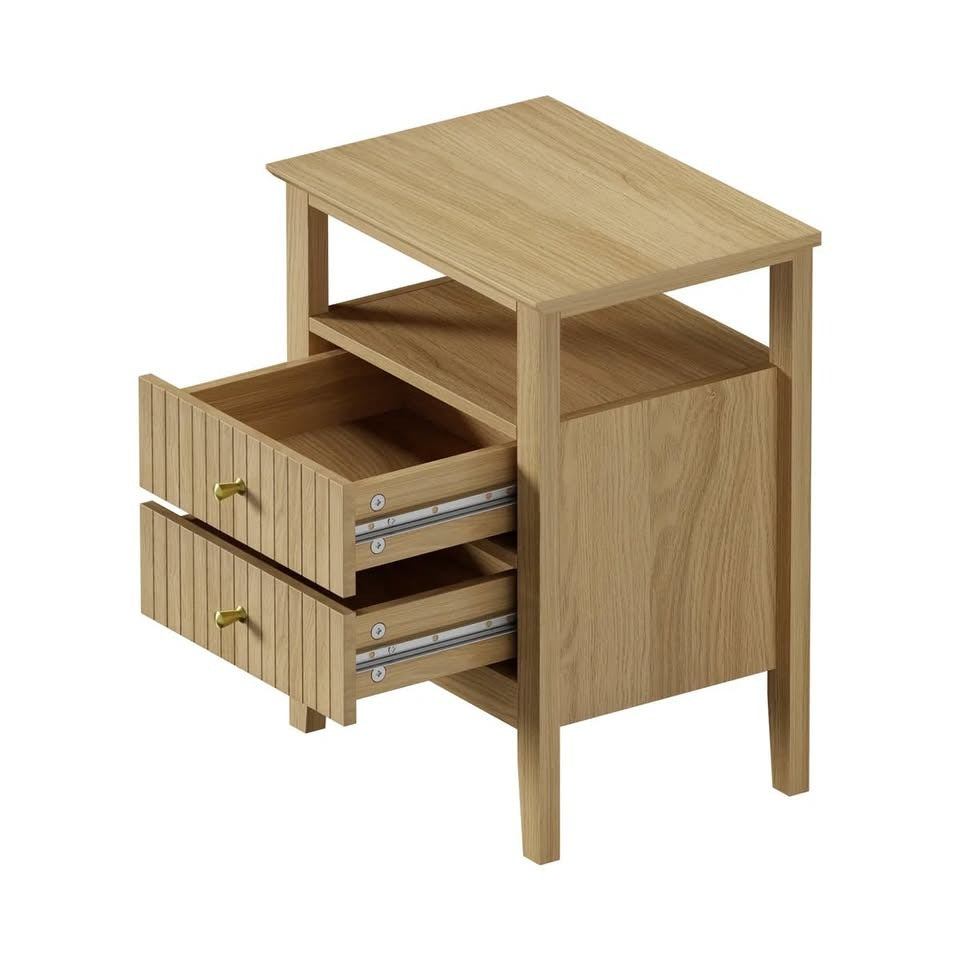 BT-PRIN-1S2D-WD Oikiture Bedside Table Two Drawers Side End Table Open Shelf Nightstand Natural