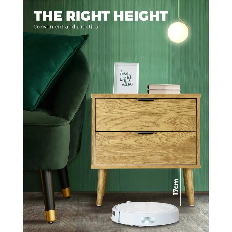 BT-A11-WD Oikiture Bedside Tables Side Table 2 Drawers Bedroom Furniture Storage Cabinet
