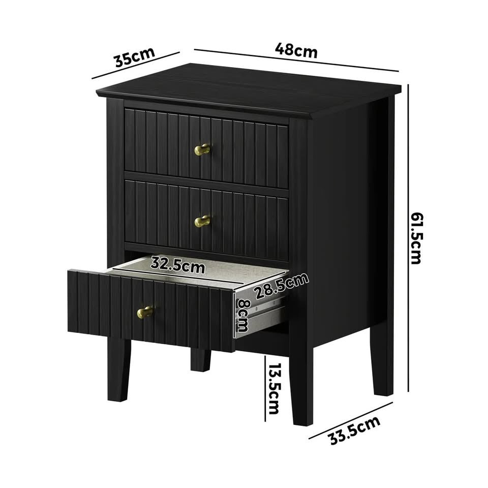 BT-PRIN-3D-BK Oikiture Bedside Table 3 Drawers Side End Storage Furniture Nightstand Black